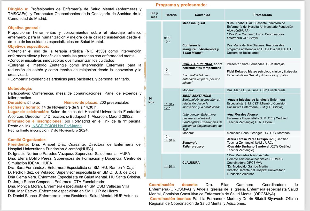 La comisión consultiva de cuidados de la Oficina Regional de coordinación de Salud Mental y Adicciones de la Comunidad de Madrid os presenta la Jornada que sucederá mañana sobre #arteterapia #zentangle #ORCSMyA en el #HospitalUniversitarioFundacionAlcorcon