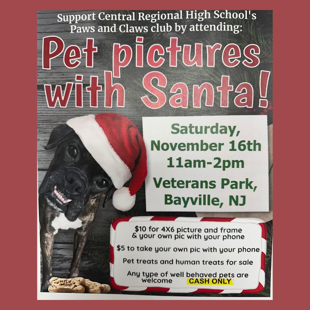 we_r_crhs's tweet image. Support the CRHS Paws and Claws club by attending PET PHOTOS WITH SANTA on 11/16 (11 am -2 pm, Veterans Park). Receive a 4x6 photo and frame for $10 OR take your own picture using your phone for $5. All well-behaved animals are welcome! Hope to see you and your pets there!