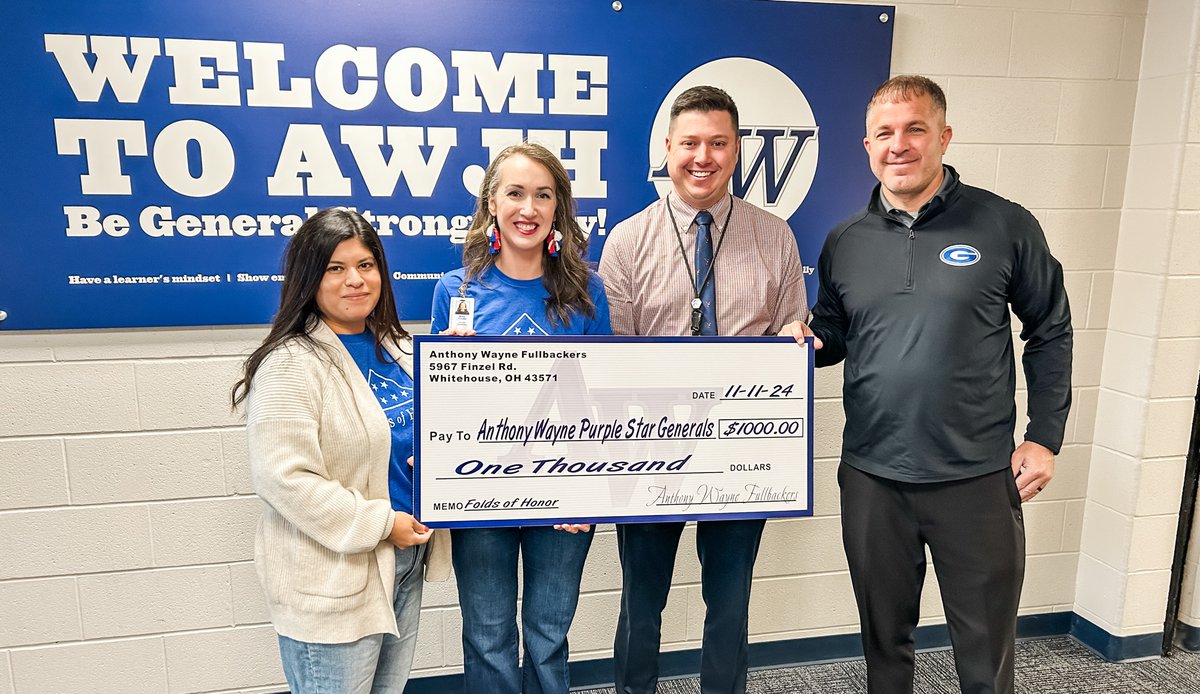 AWLSJH's tweet photo. Today, to honor our military families, the AW Fullbackers donated $1,000 from military appreciation night t-shirts sales to the AW Purple Star Generals program. Thank you, Matt Cunningham and Brianna Caudill from AW Fullbackers for the generous donation!
#GeneralNation https://t.co/1pcqYfcHf5