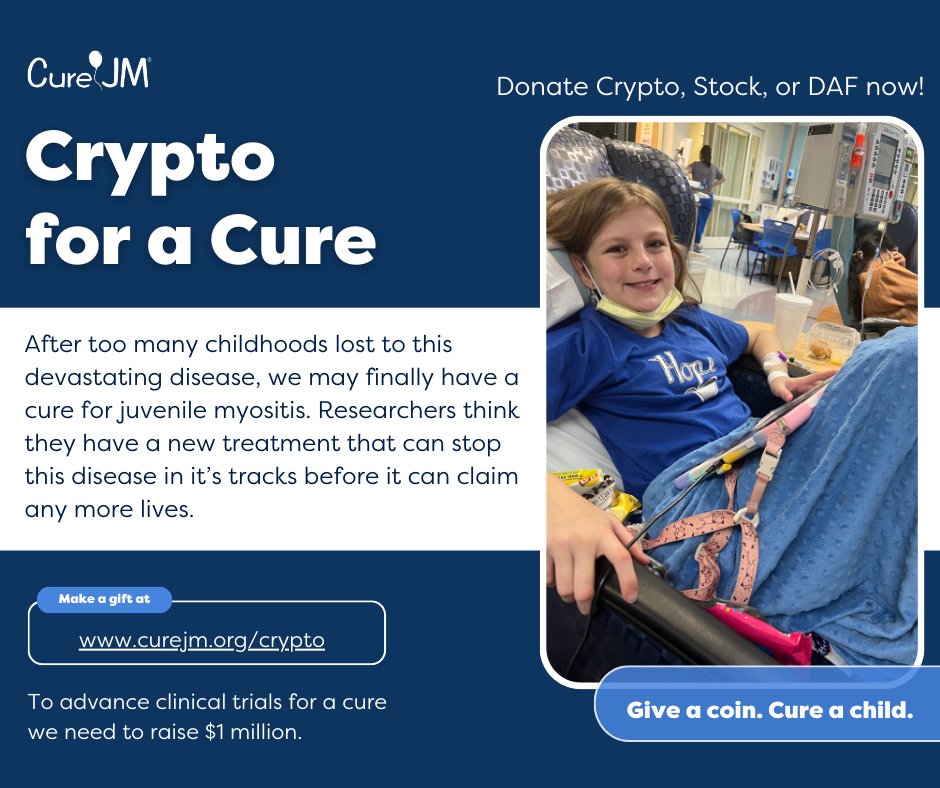 curejm's tweet photo. Too many childhoods have been lost to juvenile myositis. But we’re on the verge of a breakthrough! The researchers are ready. The trials are ready. All we need is YOU. Donate now at https://t.co/lYbVdVtkJF
@TheGivingBlock
#CryptoForGood #cryptoforacure https://t.co/zdYh3LZeFc