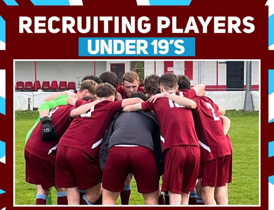 𝗨𝗡𝗗𝗘𝗥 𝟭𝟵’𝘀 | 𝗣𝗹𝗮𝘆𝗲𝗿 𝗥𝗲𝗰𝗿𝘂𝗶𝘁𝗺𝗲𝗻𝘁. 

Our Under 19’s team are actively seeking further players to strengthen our squad.

𝗔𝗴𝗲 𝗥𝗲𝗾𝘂𝗶𝗿𝗲𝗺𝗲𝗻𝘁𝘀
Players must be 16-19 years of age. 

Contact- 𝗠𝗮𝗿𝗰𝘂𝘀 𝗝𝗼𝗻𝗲𝘀 - 𝗠𝗼𝗯: 𝟬𝟳𝟵𝟲𝟭𝟲𝟮𝟴𝟭𝟴𝟰