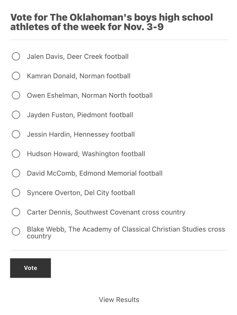 thejordancdavis's tweet photo. The Oklahoman's #OKPreps fall sport boys athletes of the week poll for Nov. 3-9 is now live. 

Voting is open until noon Saturday. Here are this week's nominees: https://t.co/4AprsM3Scx https://t.co/ZAg7DdbsrQ