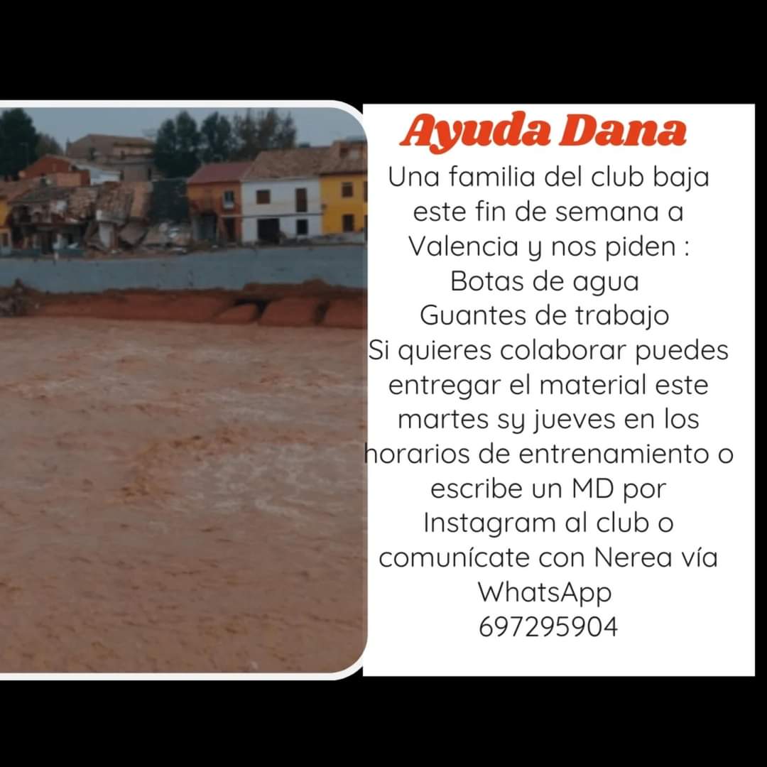 #AyudaDANA
una familia del club  baja  prox. Find a Valencia y nos han pedido colaboración necesitan:
▶️ botas de goma (katiuskas) 
▶️ guantes de trabajo (no los de látex)
si alguien tiene y quiere colaborar 
📍Polideportivo Muskiz
🗓️ Martes y jueves
entrenamiento Nerea o  Ruth.