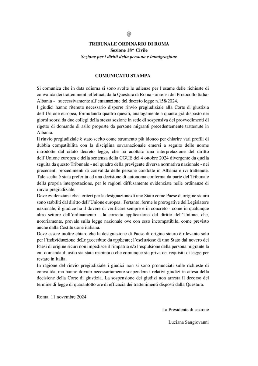 🔴 Il comunicato stampa del Tribunale di Roma sulla sospensiva del procedimento di convalida per i 7 trattenuti nella seconda missione Albania.
____________________

TRIBUNALE ORDINARIO DI ROMA Sezione 18^ Civile Sezione per i diritti della persona e immigrazione 

COMUNICATO