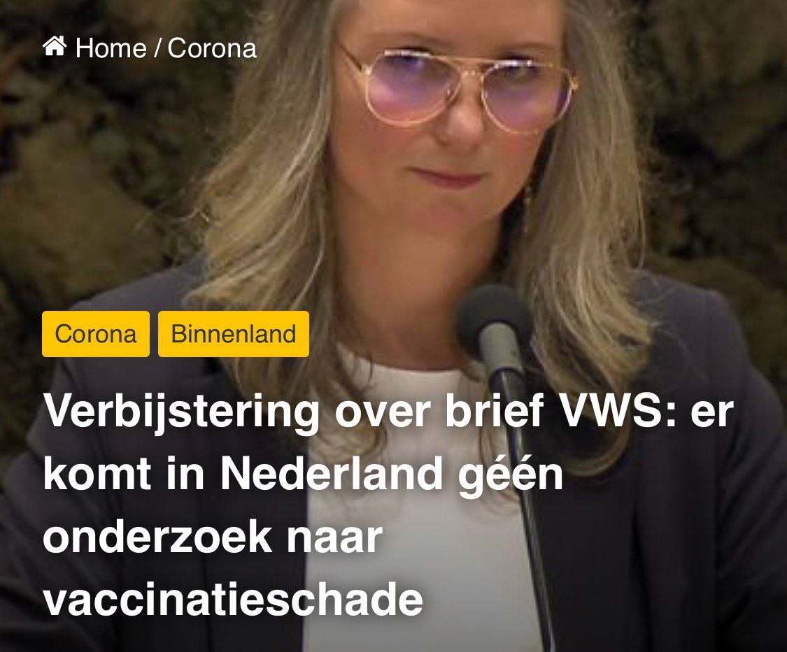 ONVOORSTELBAAR EN ONACCEPTABEL ‼️‼️😡😡

In een brief aan Stichting Coronaschade geeft het Ministerie van VWS toe dat er in Nederland geen onderzoek zal worden gedaan naar Post-Covidklachten na coronavaccinatie. Volgens het ministerie is er onvoldoende bewijs voor een mogelijk