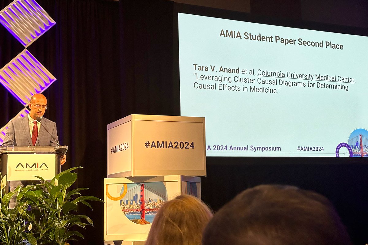 🎉🎉 Congratulations to our PhD trainee Tara Anand (<a href="/taravanand/">Tara V Anand</a>) on earning 2nd place in the #AMIA2024 Student Paper Competition! 

Title: Leveraging Cluster Causal Diagrams for Determining Causal Effects in Medicine.

Congrats Tara! 👏👏 <a href="/ColumbiaPS/">Columbia Vagelos College of Physicians & Surgeons</a> <a href="/Columbia/">Columbia University</a> <a href="/amiainformatics/">AMIA</a>