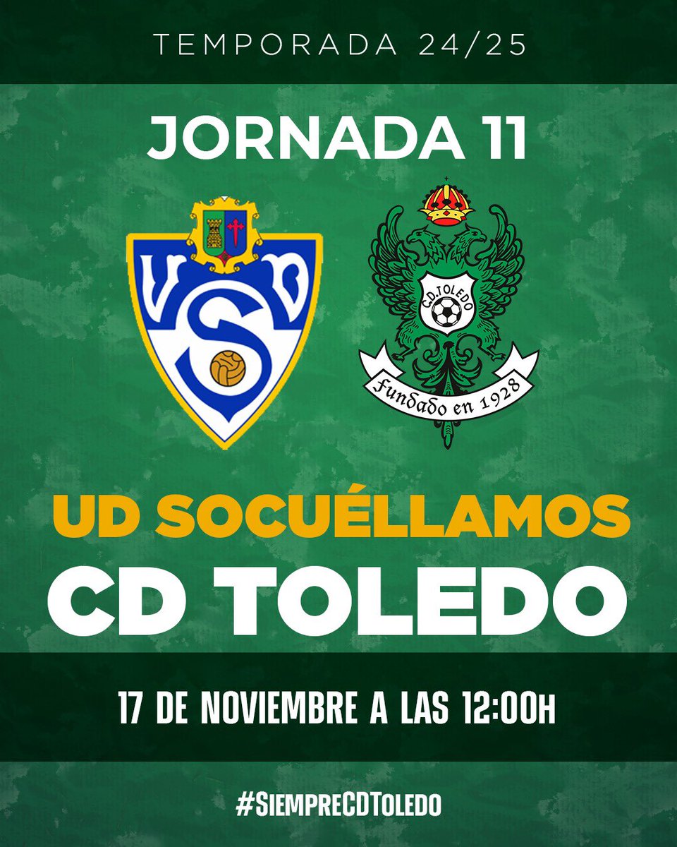 CD_Toledo's tweet photo. 📌 ¡HORARIO CONFIRMADO: 𝐉𝟏𝟏! ✅

📆 Domingo 17 de noviembre 
🆚 @YugoUDS 
⌚ 12.00h
🏟️ Paquito Giménez 

#SiempreCDToledo 💚⚪️ https://t.co/jcbfUGk8j7