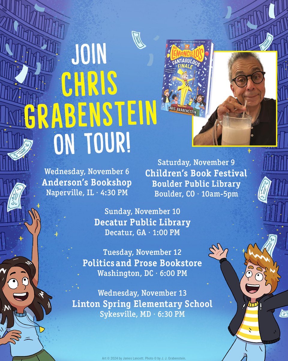 Random House Children's Books (@randomhousekids) on Twitter photo We’re not quite done celebrating Mr. Lemoncello’s Fantabulous Finale! 🎉
If you’re in the DMV area, you still have two more chances to celebrate the fantabulous conclusion to <a href="/CGrabenstein/">Chris Grabenstein</a>'s beloved series for tween readers, Mr. Lemoncello: bit.ly/Grabenstein-Ev… 🍋 We’re not quite done celebrating Mr. Lemoncello’s Fantabulous Finale! 🎉
If you’re in the DMV area, you still have two more chances to celebrate the fantabulous conclusion to <a href="/CGrabenstein/">Chris Grabenstein</a>'s beloved series for tween readers, Mr. Lemoncello: bit.ly/Grabenstein-Ev… 🍋