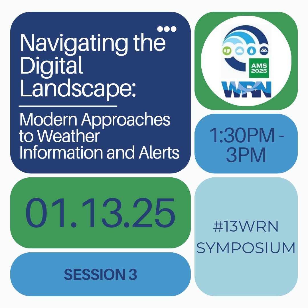 amswrn's tweet photo. 13WRN Session 3: "Navigating the Digital Landscape: Modern Approaches to Weather Information and Alerts"
Will we see you there?
#ametsoc #13wrnsymposium #amswrn #amsnola2025 https://t.co/pGCdYxT3aQ