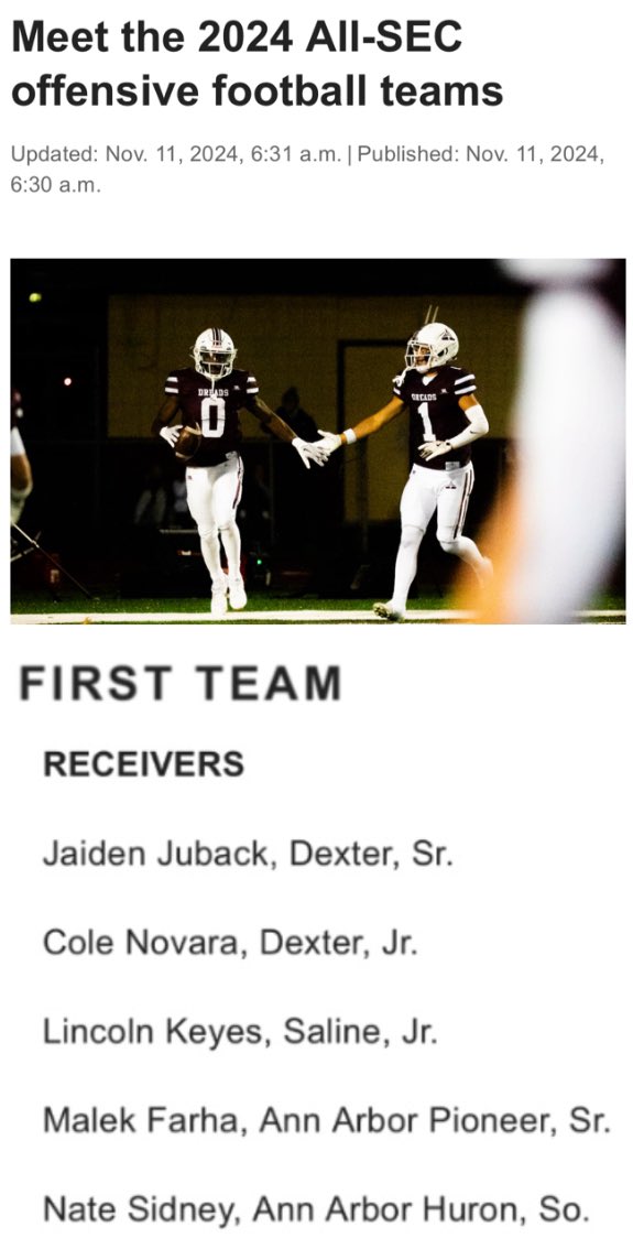 Jaiden Juback (@jaidenjuback) on Twitter photo Extremely blessed to make all conference (SEC-Red) first team as a WR! <a href="/MLive/">MLive</a> <a href="/MLiveSports/">MLive Sports</a> <a href="/TheD_Zone/">The D Zone</a> <a href="/TheDZone/">TheDZone</a> <a href="/phil_jacobs16/">Coach Jacobs 🇺🇸</a> <a href="/CoachRSchwartz/">Robbie Schwartz</a> <a href="/DreadStrong/">Dexter Athletics</a> <a href="/Dextertouchdown/">Dexter Touchdown Club</a> <a href="/statechampsmich/">STATE CHAMPS! Michigan</a> <a href="/MIexposure/">Michigan exposure</a> <a href="/MichFBFrenzy/">Michigan Prep Frenzy</a> <a href="/MichHSsports/">Michigan HS Sports</a> <a href="/PrepRedzone/">Prep Redzone 🏈</a> <a href="/PrepRedzoneMI/">Prep Redzone Michigan</a> <a href="/alex_pallone/">Alex Pallone</a> Extremely blessed to make all conference (SEC-Red) first team as a WR! <a href="/MLive/">MLive</a> <a href="/MLiveSports/">MLive Sports</a> <a href="/TheD_Zone/">The D Zone</a> <a href="/TheDZone/">TheDZone</a> <a href="/phil_jacobs16/">Coach Jacobs 🇺🇸</a> <a href="/CoachRSchwartz/">Robbie Schwartz</a> <a href="/DreadStrong/">Dexter Athletics</a> <a href="/Dextertouchdown/">Dexter Touchdown Club</a> <a href="/statechampsmich/">STATE CHAMPS! Michigan</a> <a href="/MIexposure/">Michigan exposure</a> <a href="/MichFBFrenzy/">Michigan Prep Frenzy</a> <a href="/MichHSsports/">Michigan HS Sports</a> <a href="/PrepRedzone/">Prep Redzone 🏈</a> <a href="/PrepRedzoneMI/">Prep Redzone Michigan</a> <a href="/alex_pallone/">Alex Pallone</a>