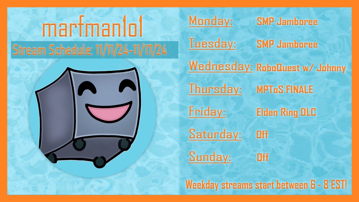 Marf (@marfman1o1) on Twitter photo Monday - SMPJ w/ <a href="/gamerazillakong/">Nate</a> ttv/incandescentwriter <a href="/zhufio/">Zhufio</a>
Tuesday - SMPJ w/ <a href="/LukeTheAmateur/">VPILF Luke π§π</a> <a href="/Kahlibird11/">KahliPlays</a> <a href="/DraymPlays/">Draym || Snek-Vtuber</a>
Wednesday - Roboquest w/ <a href="/Its_JohnnyRose/">JHNEE Rose || BLM</a>
Thursday - ToS FINALE w/ <a href="/FartingTart/">FartingTart | DogTuber ππ₯§</a> vs <a href="/CosmicZeta/">Brian</a> <a href="/Gamekxnd/">Gamekxnd</a>
Friday - Elden Ring DLC w/ <a href="/TheSegaMaster/">S _ E _ G _ A</a> Monday - SMPJ w/ <a href="/gamerazillakong/">Nate</a> ttv/incandescentwriter <a href="/zhufio/">Zhufio</a>
Tuesday - SMPJ w/ <a href="/LukeTheAmateur/">VPILF Luke π§π</a> <a href="/Kahlibird11/">KahliPlays</a> <a href="/DraymPlays/">Draym || Snek-Vtuber</a>
Wednesday - Roboquest w/ <a href="/Its_JohnnyRose/">JHNEE Rose || BLM</a>
Thursday - ToS FINALE w/ <a href="/FartingTart/">FartingTart | DogTuber ππ₯§</a> vs <a href="/CosmicZeta/">Brian</a> <a href="/Gamekxnd/">Gamekxnd</a>
Friday - Elden Ring DLC w/ <a href="/TheSegaMaster/">S _ E _ G _ A</a>