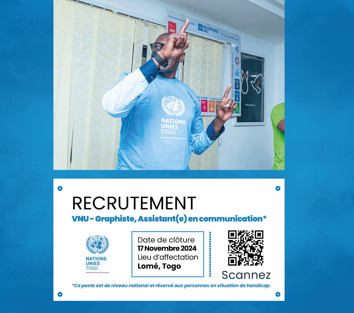 Les Nations Unies au Togo recrutent !
🔴 VNU - Graphiste, Assistant(e) en communication*
shorturl.at/7hnJ6
DATE DE CLÔTURE: 17 Novembre 2024
Bonne chance à tous.

*Ce poste est de niveau national et réservé aux personnes en situation de #handicap  .
#LeaveNoOneBehind