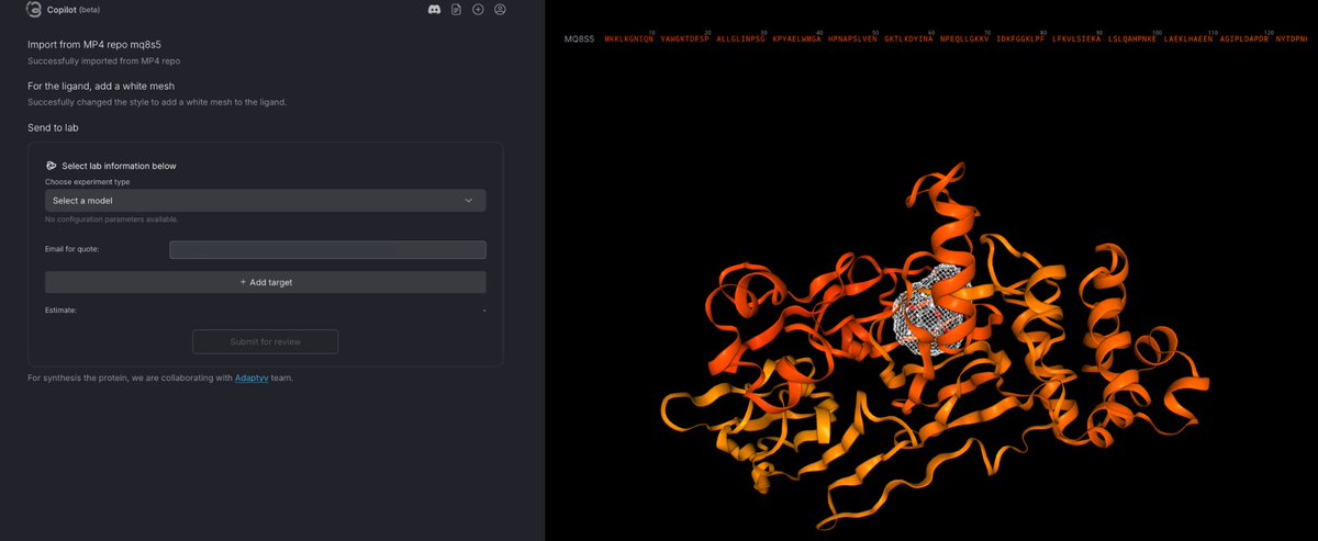 310copilot's tweet photo. After designing a protein in your research on Copilot, you can write ‘Send to Lab’ to see the results in the real world.
#ProteinDesign https://t.co/CH4nMIbln6