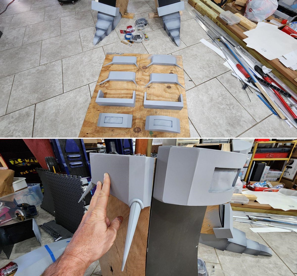KingbotCustoms's tweet image. Unicron-update: The other half of the lower leg-ccesories are finished & primed-up now, ready to go-on & paint. A ton of parts went into just the shins alone! ๐ฅต I'll call these the ankle-shackles, knee-vents & side-rails. He didn't have knee-spikes in the movie, but mine will.๐