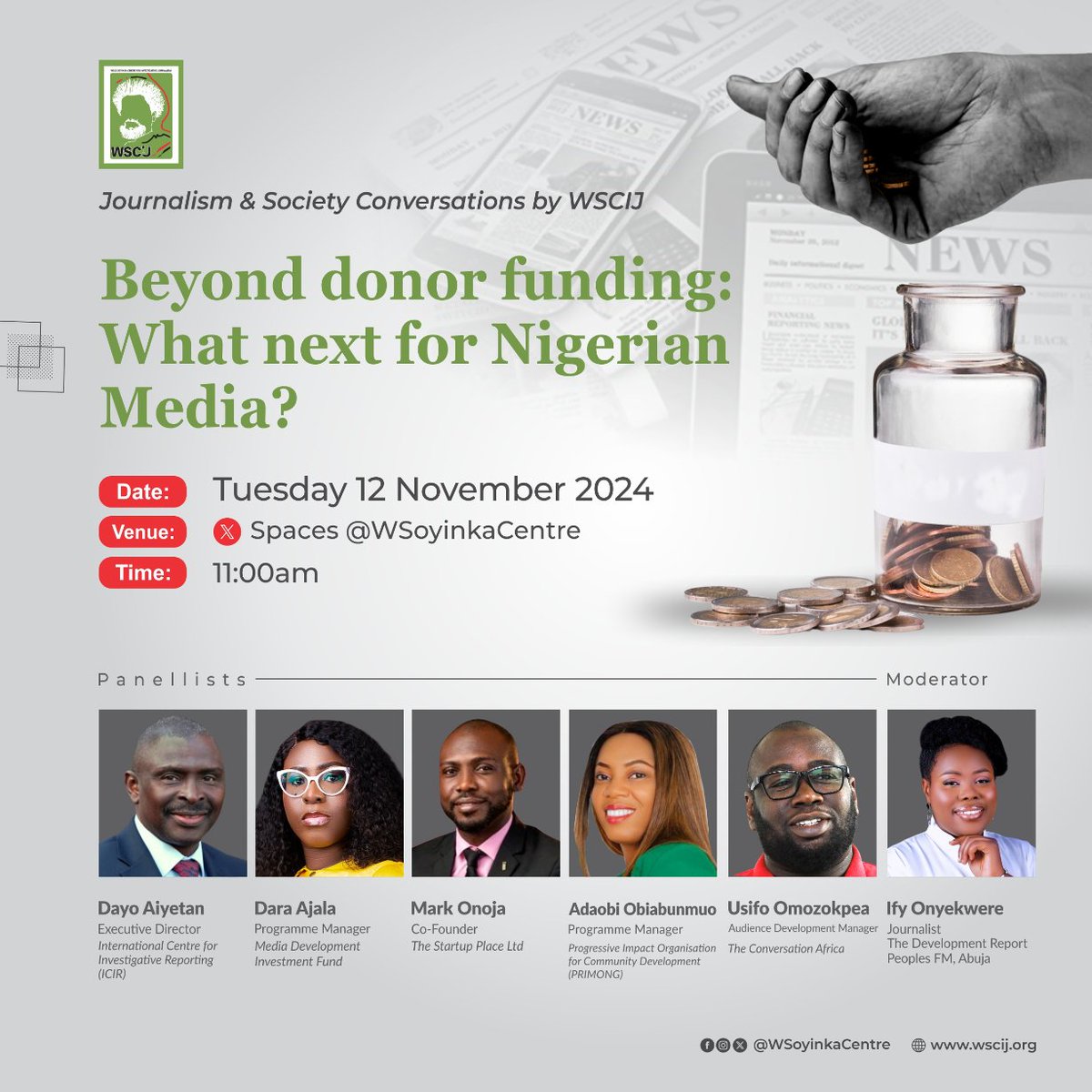 Join us tomorrow, 12 Tuesday to discuss challenges, opportunities and strategies to ensure that investigative journalism continues to thrive in Nigeria despite the current social, economic &amp; political pressures.
Click bit.ly/3Cz3Yvi to join the conversation by 11:00am