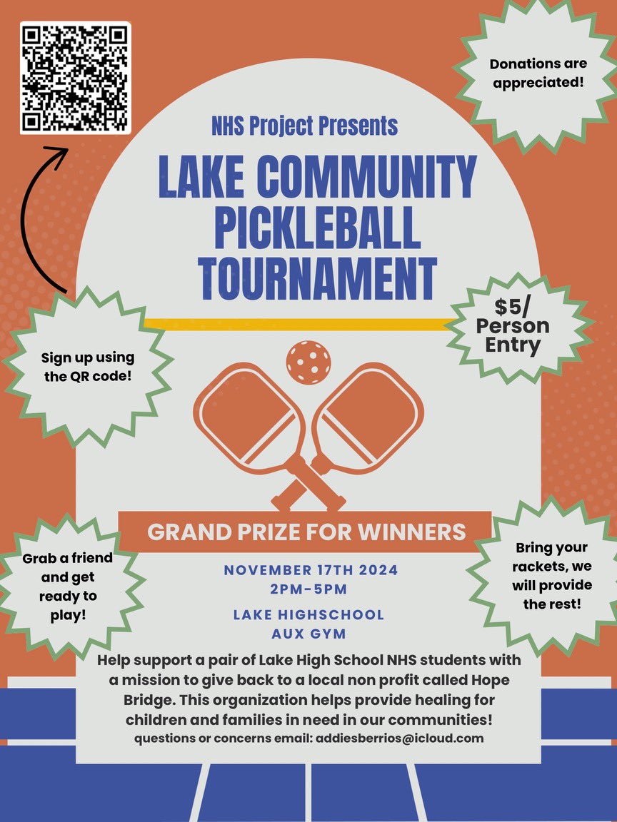 Pickleball tournament!!!!!
Hold down the QR code to sign up ⬆️ 
We will have a prize for the winner so bring your best pickleball skills 🏓🏓