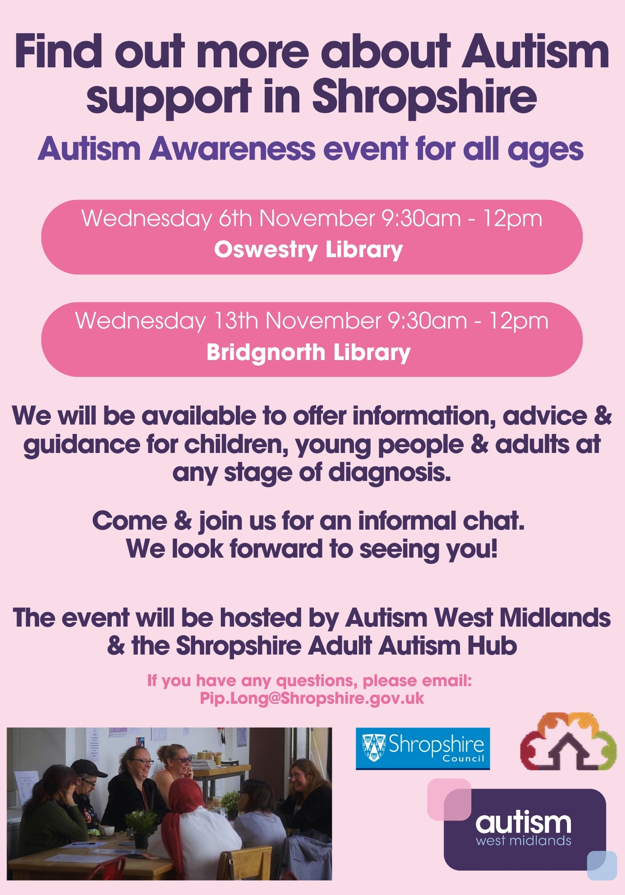 Bridgnorth Library & Visitor Information Point (@bridgnorthlibvp) on Twitter photo Find out about Autism support in Shropshire - FREE event at Bridgnorth Library this Wednesday from 9.30 to 12 noon. Find out about Autism support in Shropshire - FREE event at Bridgnorth Library this Wednesday from 9.30 to 12 noon.