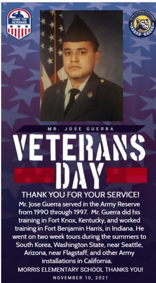 Happy Veterans Day! To all of the men and women who proudly served and continue to serve our country, thank you for! Morris salutes our very own Mrs. Rodríguez, our Program Specialist and Mr. Guerra our 3rd grade teacher! 🇺🇸 🫡