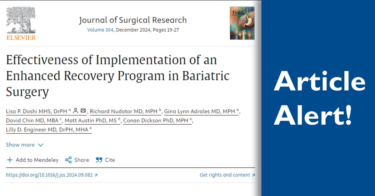 Terrific work from multi-d <a href="/HopkinsMedicine/">Johns Hopkins Medicine</a> team &amp; <a href="/JMatthewAustin/">Matt Austin</a> investigating effectiveness of ERAS protocols in bariatric surgery which found use of ERAS protocols was associated w/⬇️LOS, ⬇️median cost, &amp;⬇️risk of 30-day unplanned readmissions.

🔖sciencedirect.com/science/articl…