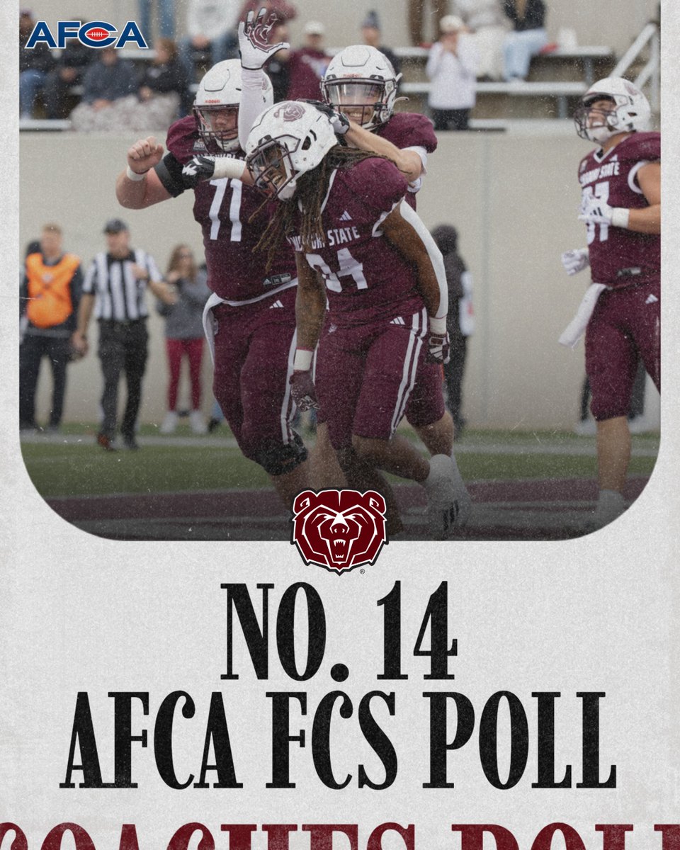 Keep Grindin' 🐻

The Bears move up one spot to No. 14 in this week's
<a href="/WeAreAFCA/">AFCA</a> FCS Coaches Poll!

🔗 tinyurl.com/5dd79u4y

#GoBears | #OutHitOutHustle