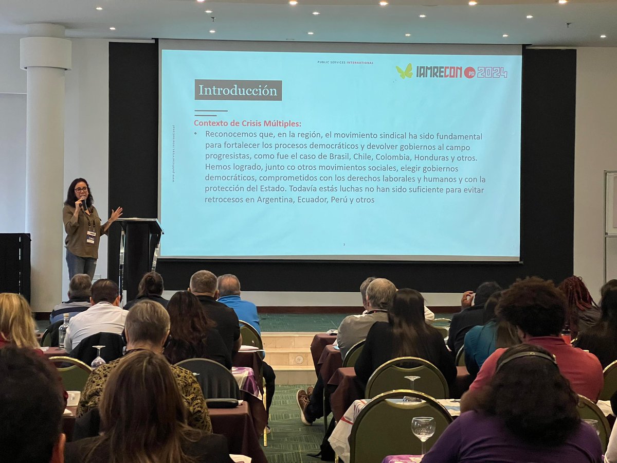“Nos enfrentamos a un mundo que necesita urgentemente transformarse, y es en este contexto que la ISP presenta su Programa de Acción Regional, una hoja de ruta que prioriza la paz, la justicia social, los derechos laborales y un mundo sostenible” Nayareth Quevedo #IAMRECON2024