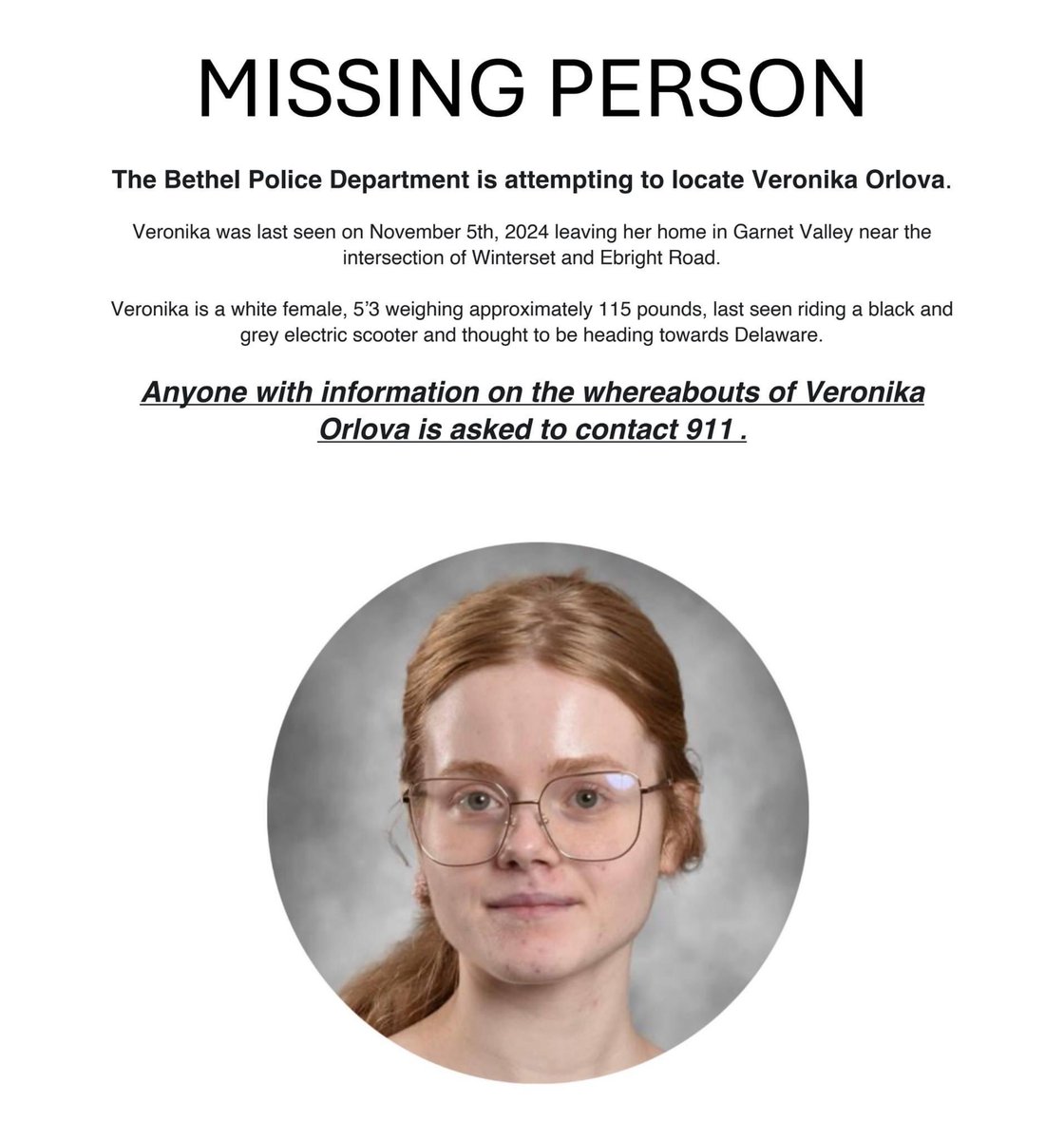 nikthehat's tweet photo. ‼️ BOLO: Garnet Valley High School Student Missing, Police Seek Assistance 

Veronika Orlova, a 12th-grade student in our district, has been missing since she left her home on Tuesday, November 5. Law enforcement agencies in both Pennsylvania and Delaware are actively working to locate her, but her family is now requesting public assistance in the search.

If you have any information that may assist in locating her, please call 911 immediately. Thank you for your support and concern for Veronika’s safety.