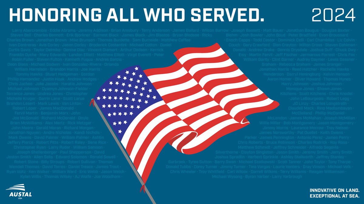 On this Veterans Day, Austal USA joins the Nation in honoring the heroes who've served &amp; sacrificed for our country. To our veteran employees, thank you for your service to our country &amp; your contributions to Austal. We are grateful for your dedication &amp; commitment to our mission