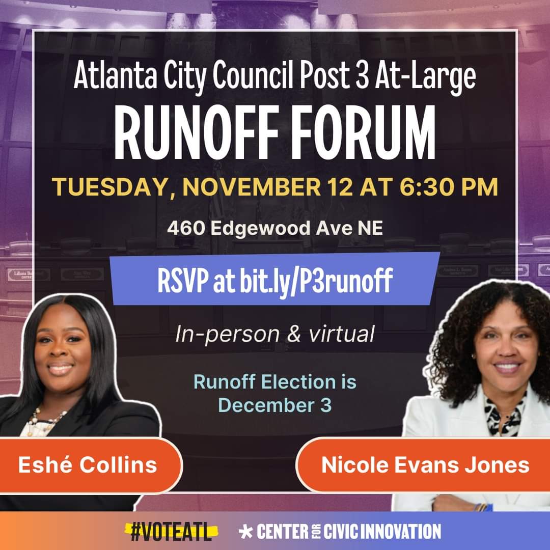 beltlinerailnow's tweet photo. We have a runoff  for City Council Post 3 At-Large on 12/3. Join runoff candidates Eshé Collins &amp; Nicole Evans Jones at the @civicatlanta Tues night, 11/12 to see where they stand on Beltline rail!

RSVP for in-person registration AND virtual meeting link https://t.co/vb94mqcfMu https://t.co/GHupArouPt