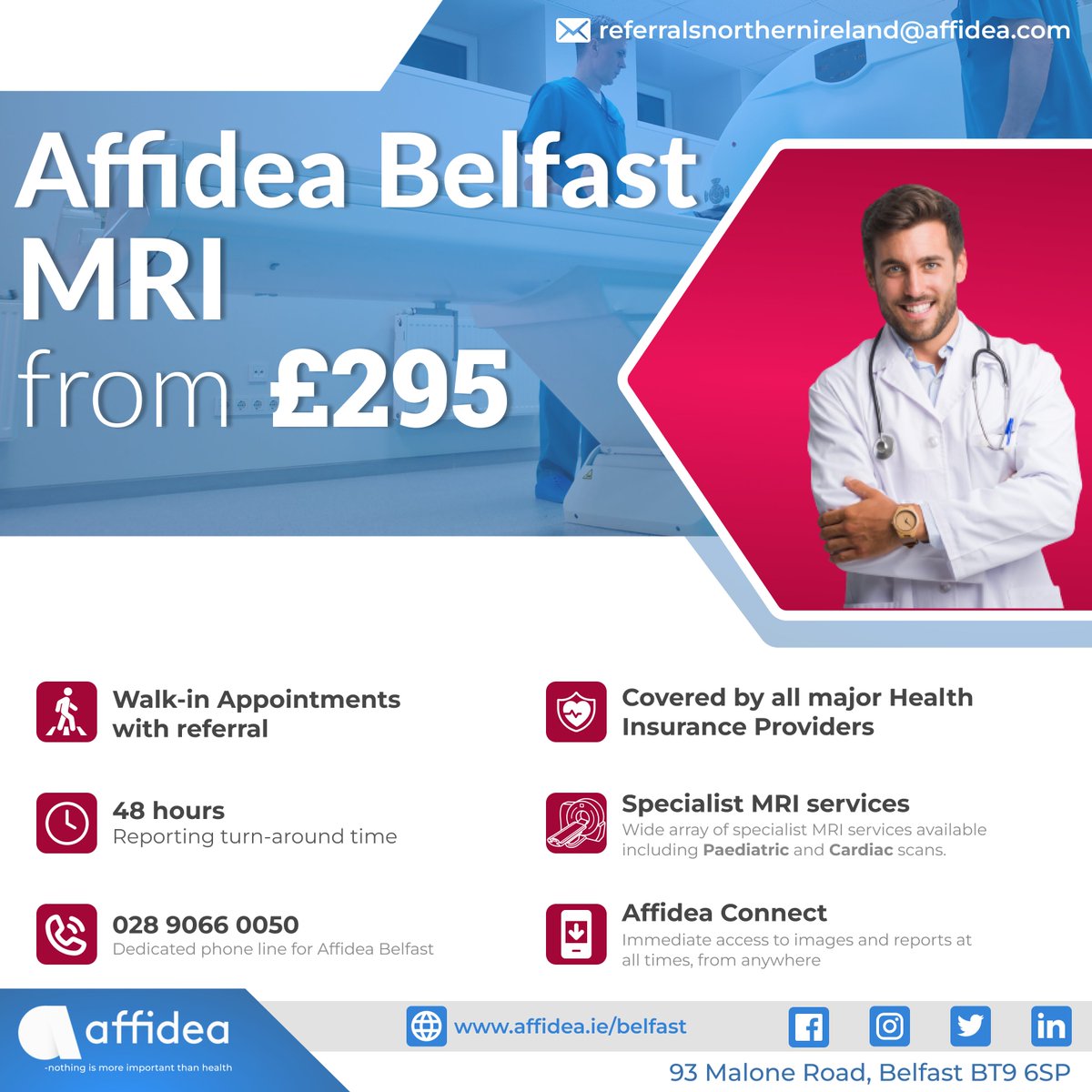 We can offer #MRI availability within 24 hr of your Dr or Physio referring you from £295. Enjoy 5-star RQIA accredited service with 48hr report turnaround. Top radiologists, major insurers covered, and evening appointments available. Ask your Dr or Physio to refer you to Affidea.