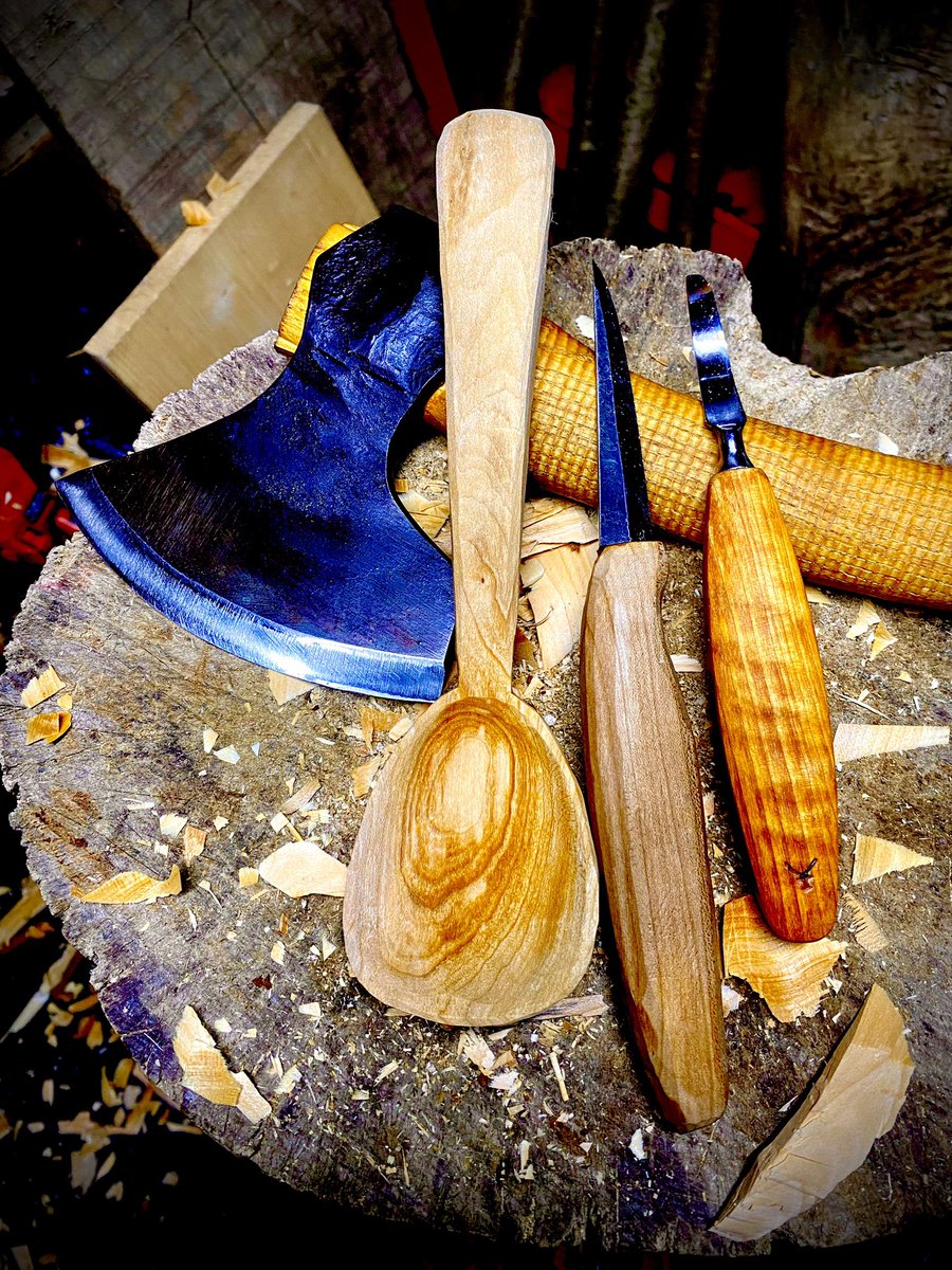 silverbackmpr's tweet image. Cherry cooking spoon using hand Karlsson spoon knife and Svante Djarv little Viking axe