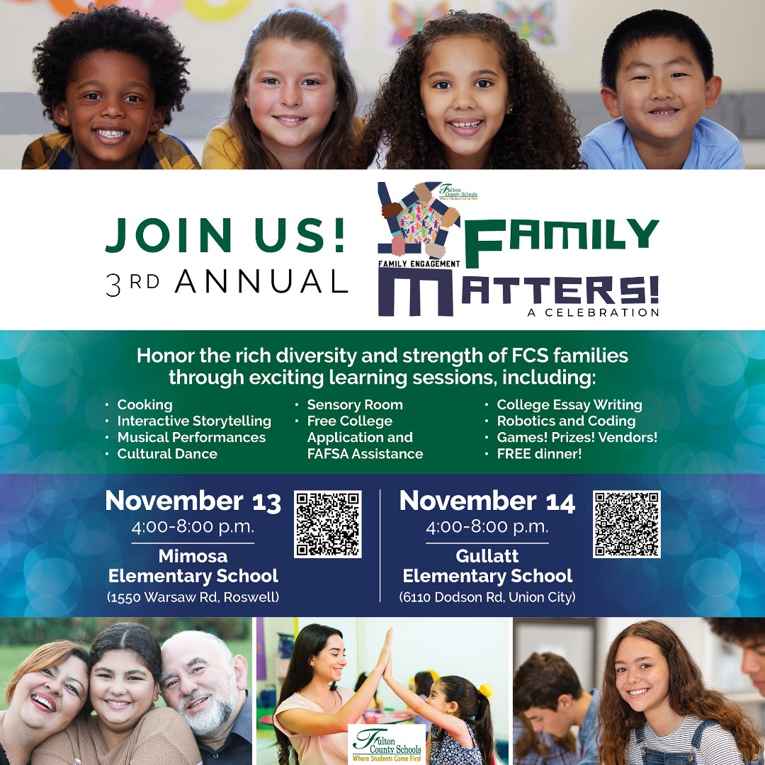 FultonCountySchools (@fultoncoschools) on Twitter photo This is your reminder to come out and be part of a fantastic evening filled with learning, laughter, and community from 4-8PM. #FCSfamilymatters
Mimosa ES: Nov.13 
 Gullatt ES: Nov.14
Bring the whole family and let’s celebrate the strength of our FCS community together! This is your reminder to come out and be part of a fantastic evening filled with learning, laughter, and community from 4-8PM. #FCSfamilymatters
Mimosa ES: Nov.13 
 Gullatt ES: Nov.14
Bring the whole family and let’s celebrate the strength of our FCS community together!