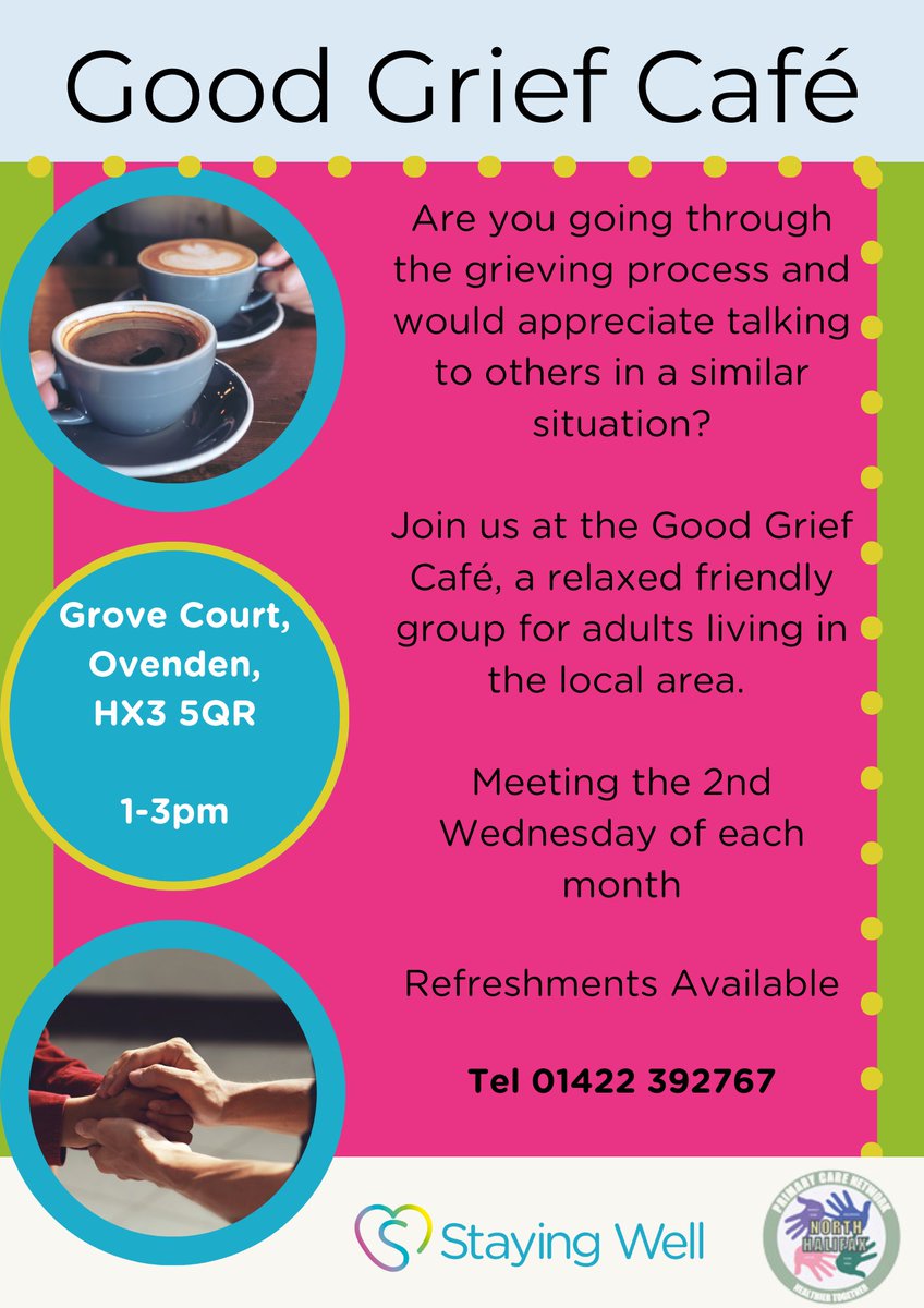 Join us at the Good Grief Café THIS Wednesday between 1-3pm!

At Grove Court, Ovenden, HX3 5QR. 

For more information please call 01422 392767.

#GoodGrief #Bereavement