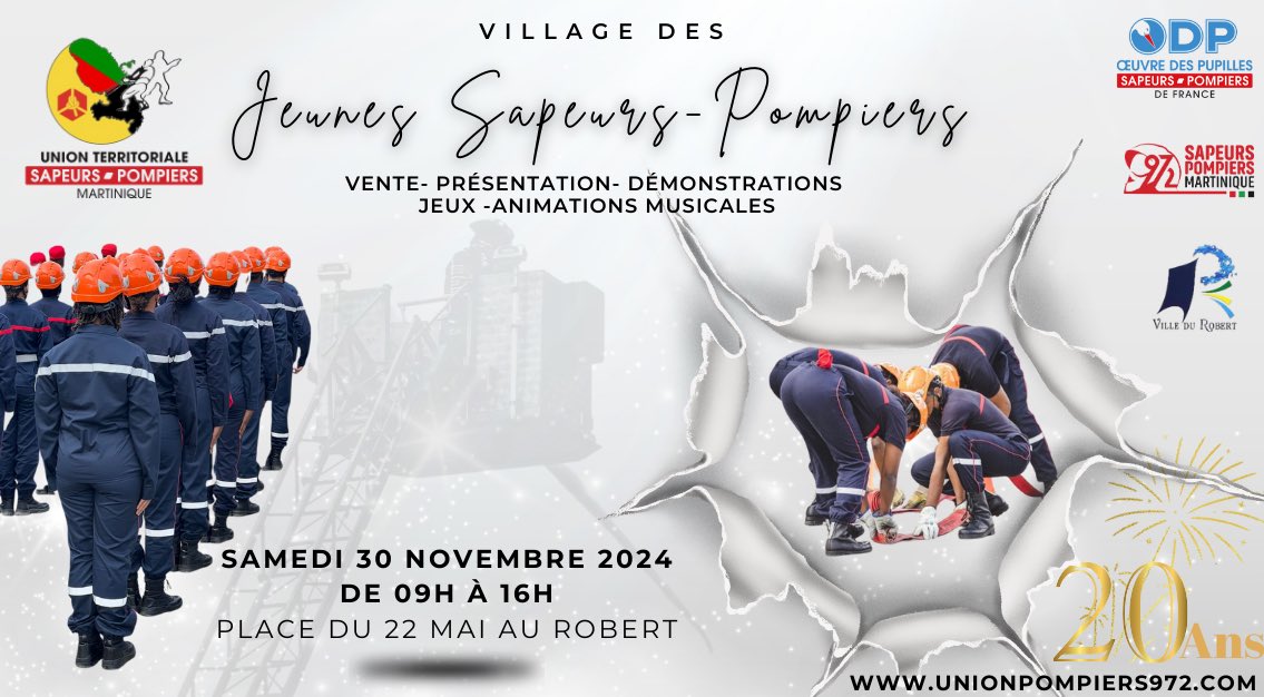 Udsp972's tweet photo. " Rejoignez-nous le 30 novembre au Robert sur le « Village des jeunes sapeurs-#pompiers » de 9h à 16h !

Venez partager un moment convivial avec les jeunes sapeurs-pompiers (#JSP) au Robert. https://t.co/tWXu7MNlYI