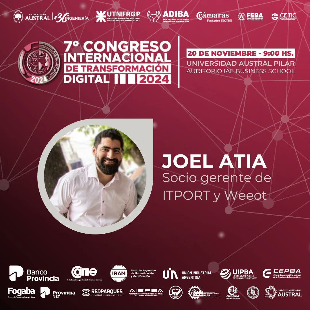 ℹ️ Vení al 7º Congreso Internacional de Transformación Digital.
🗨️ Disertantes nacionales e internacionales
▶️ 𝗘𝗩𝗘𝗡𝗧𝗢 𝗣𝗥𝗘𝗦𝗘𝗡𝗖𝗜𝗔𝗟 𝗬 𝗡𝗢 𝗔𝗥𝗔𝗡𝗖𝗘𝗟𝗔𝗗𝗢 📍 Auditorio IAE Business School, Universidad Austral, Pilar
📅20 de nov 🕘 9 hs
 industria40arg.com.ar
