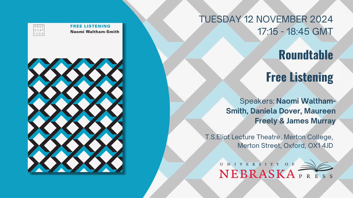 MNG - University Presses (@mngup_books) on Twitter photo Naomi Waltham-Smith, the author of Free Listening, is having a roundtable discussion tomorrow evening at 5:15pm at Merton College. <a href="/OxMusicFaculty/">Faculty of Music</a> @auralflaneur <a href="/UnivNebPress/">Univ Nebraska Press</a>
Book to attend here:
merton.ox.ac.uk/event/hearing-…
Read more about Free Listening:
combinedacademic.co.uk/9781496234520/… Naomi Waltham-Smith, the author of Free Listening, is having a roundtable discussion tomorrow evening at 5:15pm at Merton College. <a href="/OxMusicFaculty/">Faculty of Music</a> @auralflaneur <a href="/UnivNebPress/">Univ Nebraska Press</a>
Book to attend here:
merton.ox.ac.uk/event/hearing-…
Read more about Free Listening:
combinedacademic.co.uk/9781496234520/…