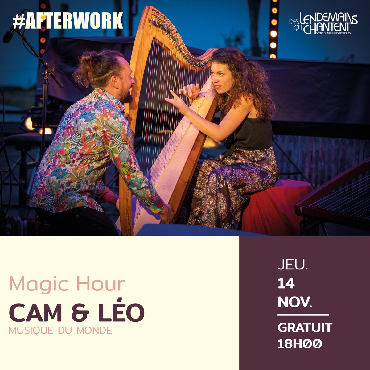 ✨ CAM &amp; LÉO ✨
JEU. 14 NOV. - 18H00 - CONCERT GRATUIT
📍 Des Lendemains Qui Chantent - Avenue du Lieutenant Colonel Faro, 19000 Tulle

CAM &amp; LÉO
- Musique du monde -