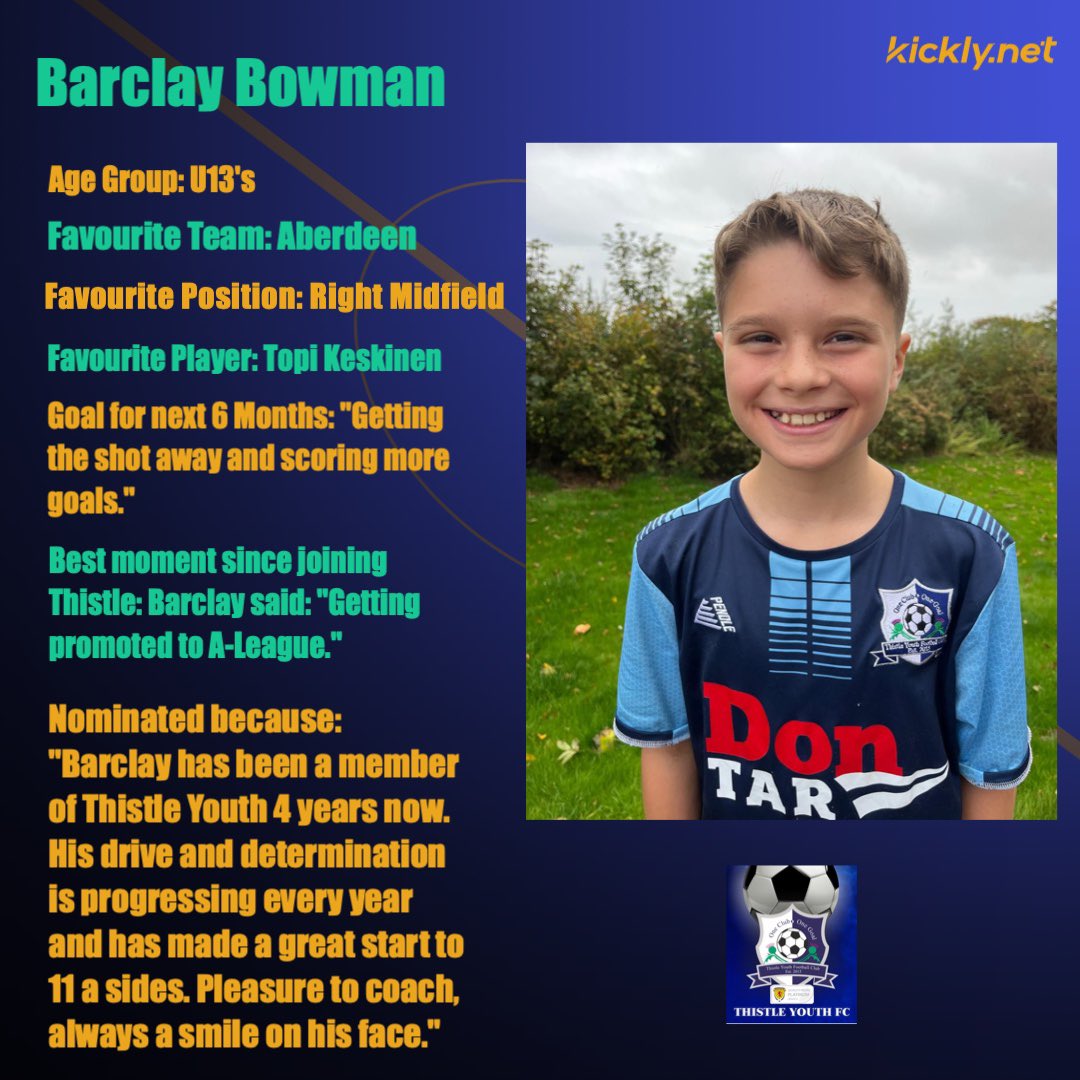 #Playerprofile| This week in the spotlight is Barclay Bowman from the #ThistleU13’s team, nominated for his hard work and determination. Well done! 🌟