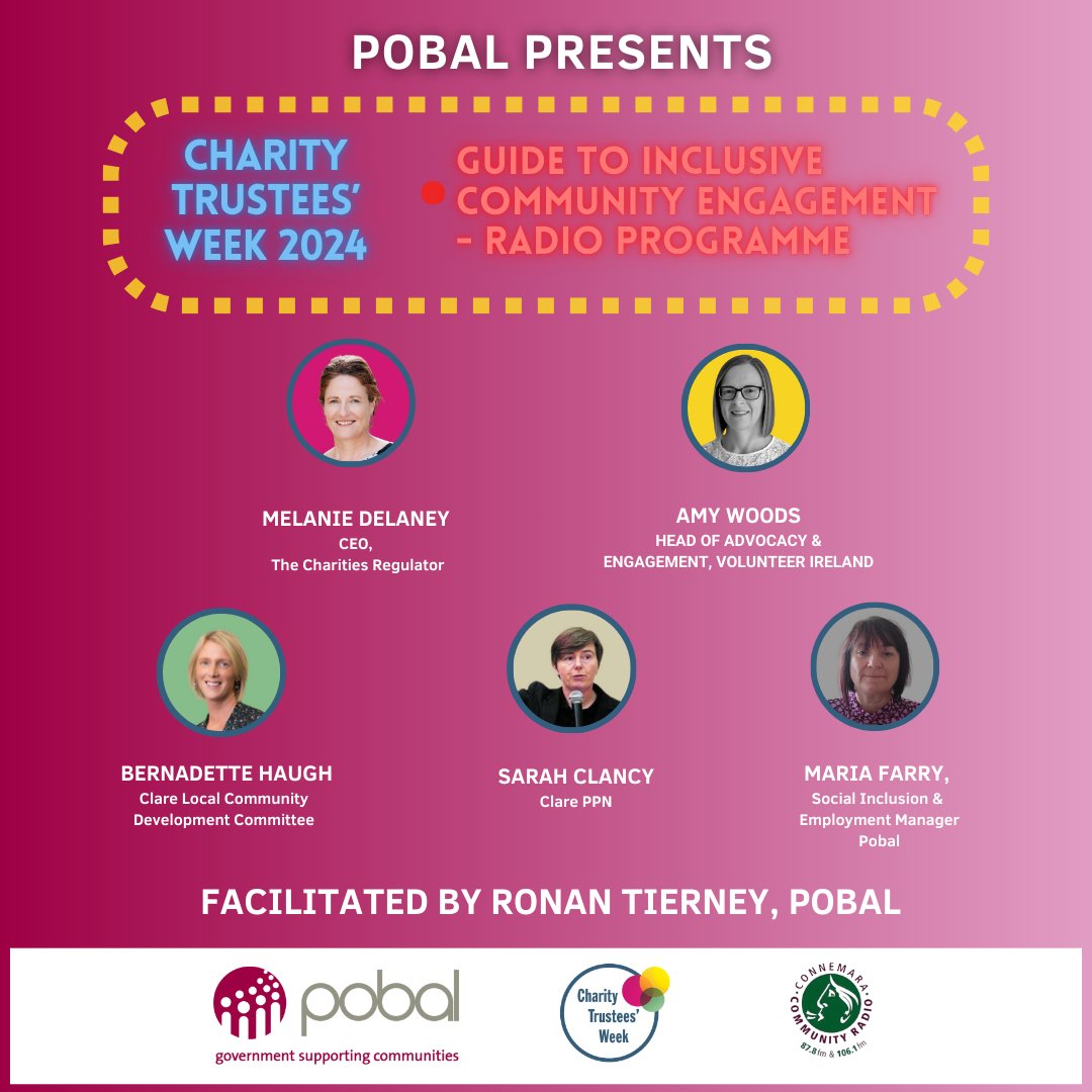 pobal's tweet photo. 👋We're celebrating Charity Trustees' Week 2024 with a special radio show on resources for Trustees &amp; interviews with among others, Madeleine Delaney, CEO @Charities_Reg &amp; Amy Woods Head of Advocacy &amp; Engagement @voluntireland 
ℹ️ https://t.co/5VLvJ2q6Dg
#TrusteesWeekIrl https://t.co/ghqZpMaO6b