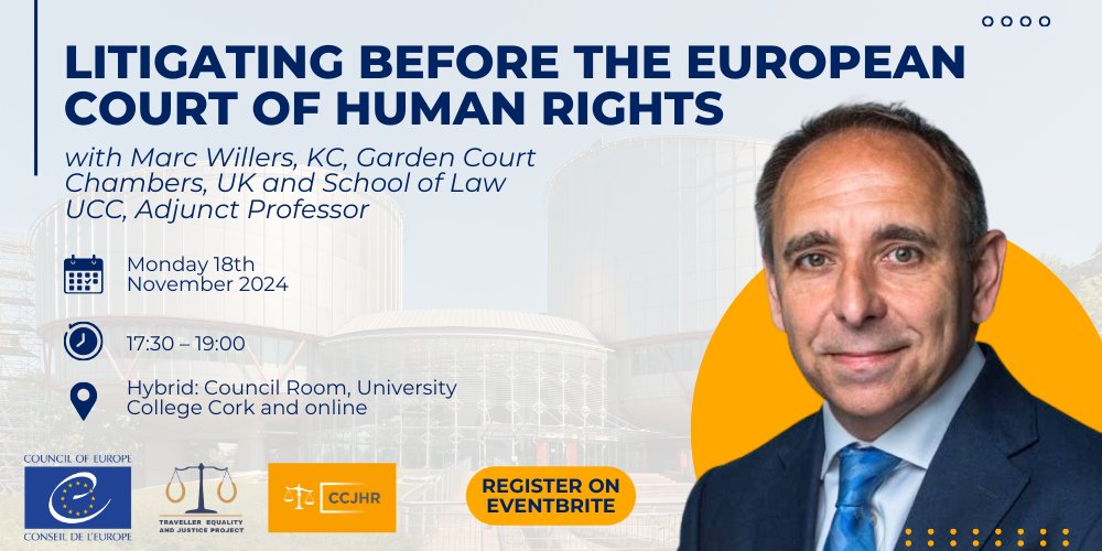 📣 Our Marc Willers KC (<a href="/mwillersqc/">Marc Willers KC</a>) will be speaking at 'Litigating before the ECtHR', hosted by <a href="/coe/">Council of Europe</a> &amp; <a href="/tejpucc/">TEJPUCC</a>. 

He'll explore how the ECHR protects #Travellers, with insights on bringing cases to the ECtHR. 

📅18 Nov, 5.30pm
📍<a href="/UCC/">UCC Ireland</a> &amp; Online
Register▶️tinyurl.com/4vrst6s3