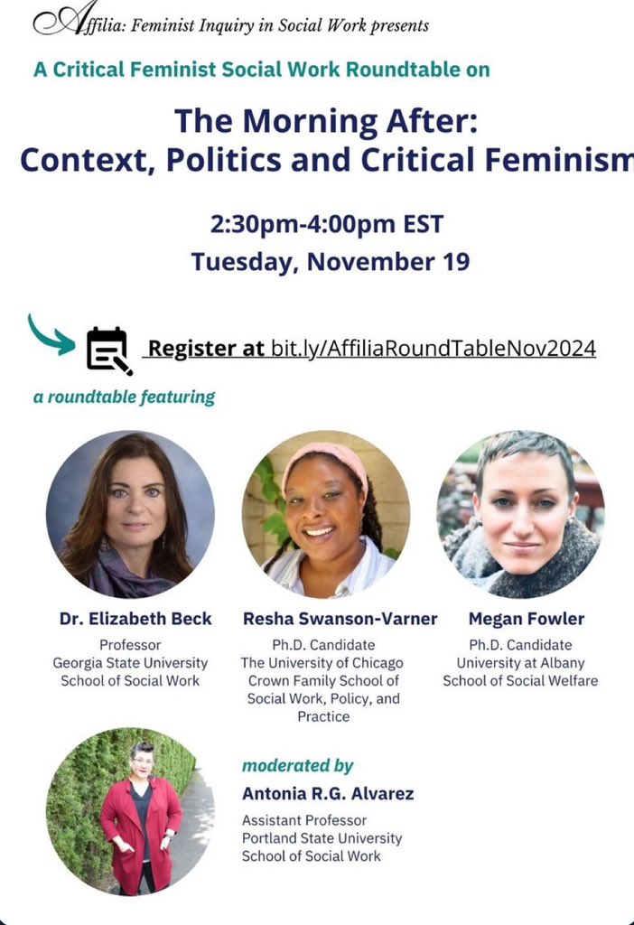 Don’t forget to register for “The Morning After: Context, Politics, &amp; Critical Feminism” Nov. 19th at 2:30pm EST. A post election discussion moderated by Dr. Antonia Alvarez, with Dr. Elizabeth Beck, Resha Swanson,-Varner &amp; Megan Fowler. Register at  bit.ly/AffiliaRoundTa…. 🧵