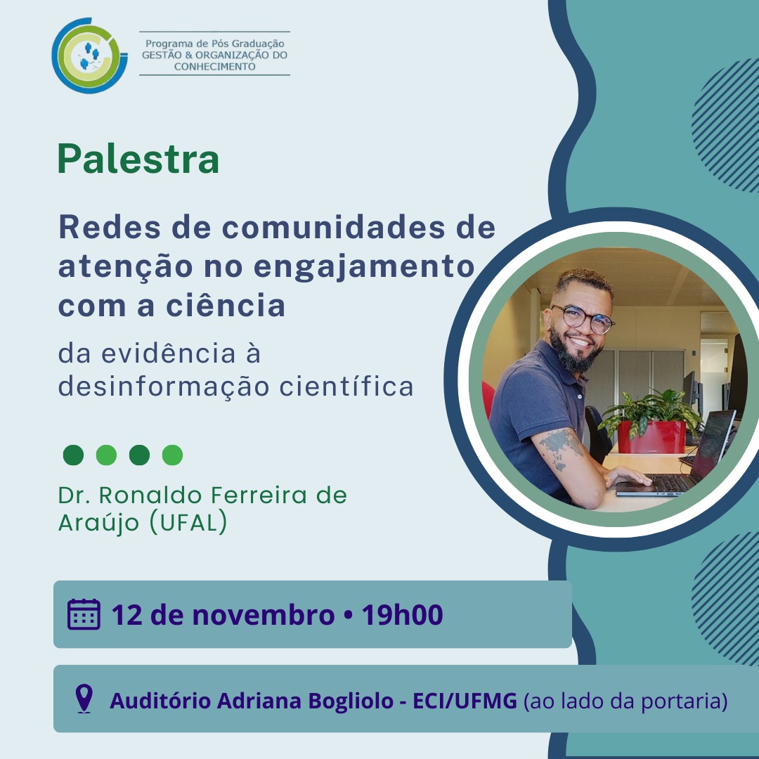 📆 É amanhã às 19 horas.
📣 Palestra: "Redes de comunidades de atenção no engajamento com a ciência: da evidência à desinformação científica"
📍Auditório Adriana Bogliolo - Ao lado da portaria da ECI #altmetrics #sciencedesinformation