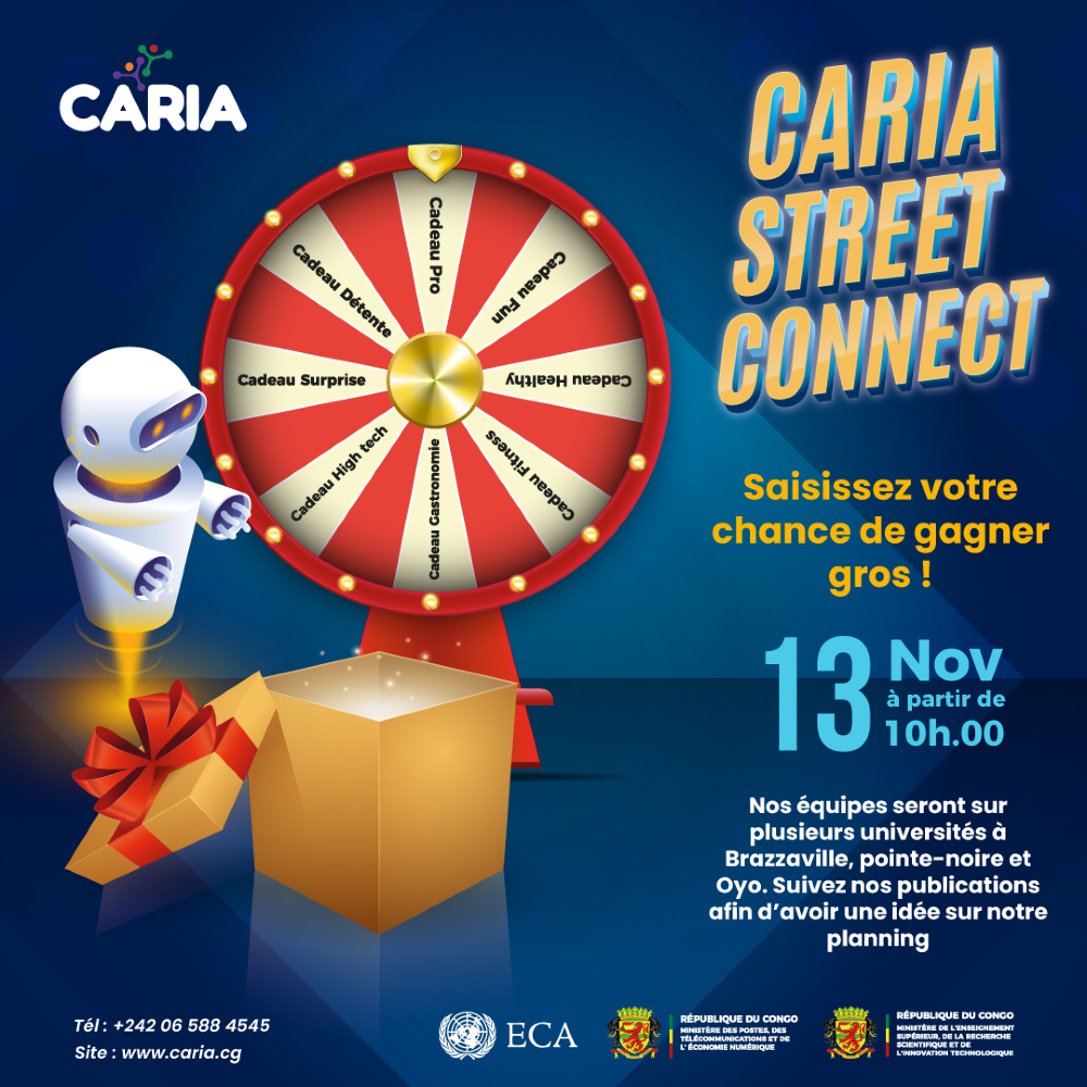caria_congo's tweet photo. CARIA STREET CONNECT

Le 13 novembre le CARIA lancera son jeu "CARIA STREET CONNECT". Participez et saisissez votre chance de gagner des gros lots ! 🎁

Nos équipes seront sur plusieurs universités à Brazzaville, Pointe-Noire et Oyo. Suivez nos publications afin d’avoir une idée sur notre planning.

#caria #caria_congo #cariastreetconnect