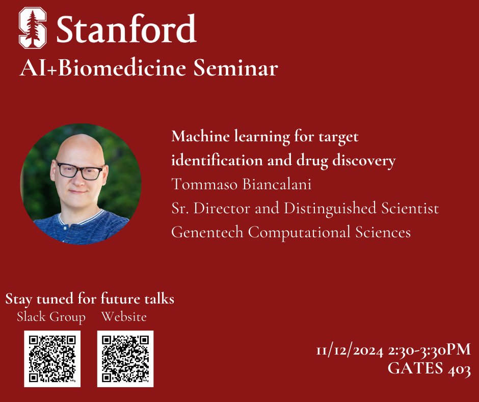 Stanford AI+Biomedicine Seminar (@stanford_ai_bio) on Twitter photo We are super excited to have Tommaso Biancalani <a href="/tbyanc/">Tommaso Biancalani</a>, senior director of AI at Genentech to share the latest in AI-driven target identification and drug discovery! His group is doing amazing research - join us! We are super excited to have Tommaso Biancalani <a href="/tbyanc/">Tommaso Biancalani</a>, senior director of AI at Genentech to share the latest in AI-driven target identification and drug discovery! His group is doing amazing research - join us!