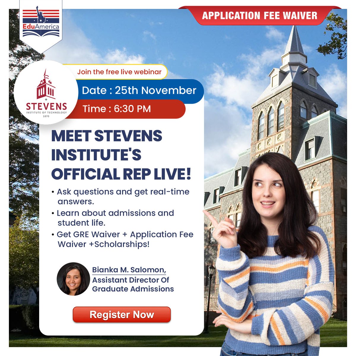 eduamerica_nd's tweet image. Step into your future with Stevens Institute of Technology! 🎓 Join our FREE webinar for a chance at GRE &amp;amp; application fee waivers, scholarships, and a 97% placement rate. Small classes, big opportunities🇺🇸
.
.
#EduAmerica #stevensinstituteoftechnology #stevensuniversity #USA