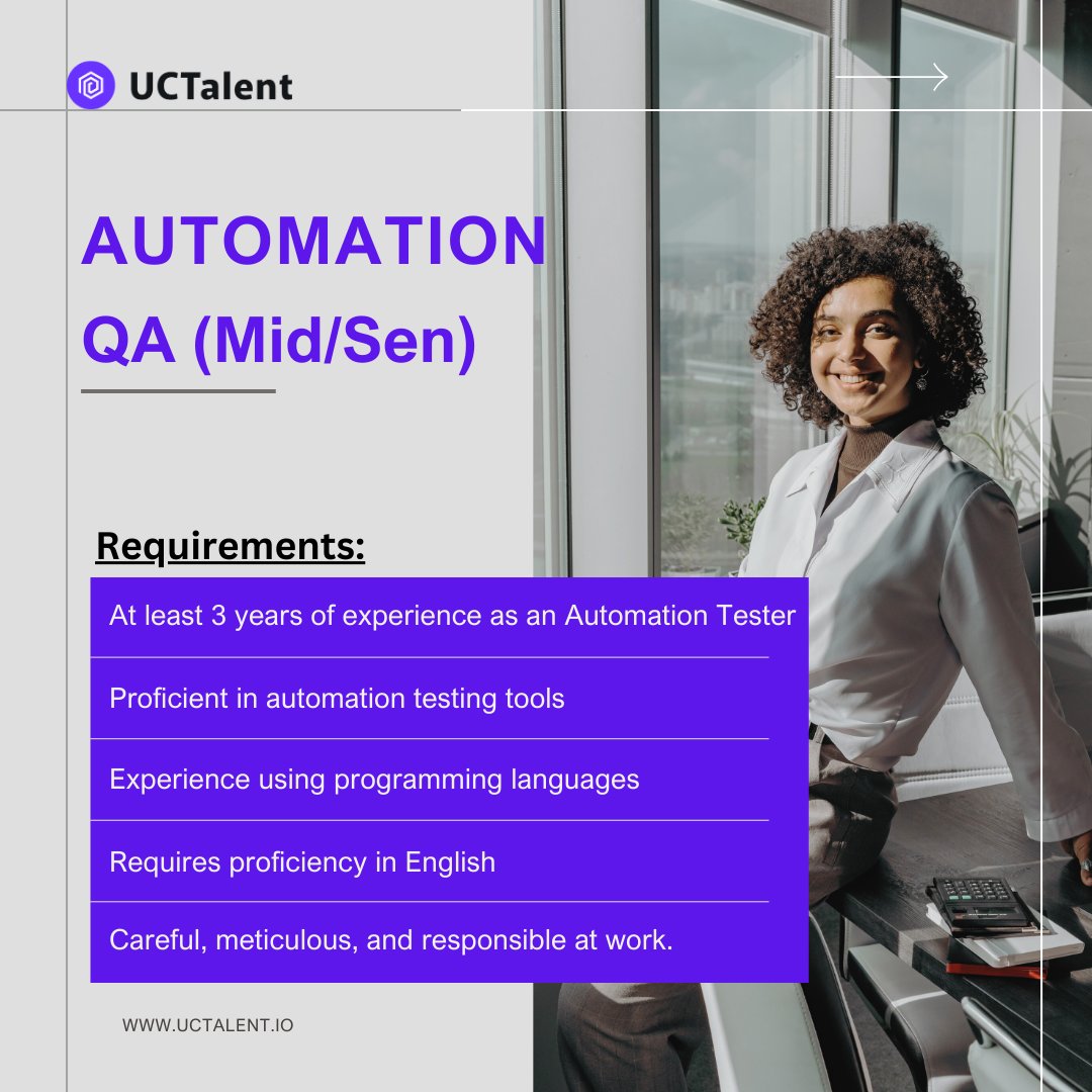 UCTalent_io's tweet image. 🔍 𝐐𝐮𝐚𝐥𝐢𝐭𝐲 𝐌𝐚𝐭𝐭𝐞𝐫𝐬! 𝐀𝐮𝐭𝐨𝐦𝐚𝐭𝐢𝐨𝐧 𝐐𝐀 (𝐌𝐢𝐝/𝐒𝐞𝐧) 𝐍𝐞𝐞𝐝𝐞𝐝 🚀

Bring your expertise in test automation and help us set new standards in Web3 tech! 🌐

#AutomationQA #web3 #blockchain #testautomation #qaengineer #jobopportunity #UCTalent #hiringnow