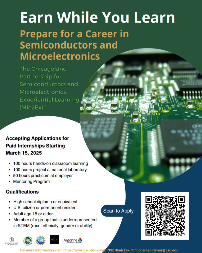 FarSouthCAC's tweet photo. Chicago State University is hosting an onsite registration on November 21, 2024 from 1 pm-3 pm at their secondary location at 7936 S. Cottage Grove for individuals interested in a career in Semiconductors and Microelectronics. https://t.co/wmHglwfJnw
