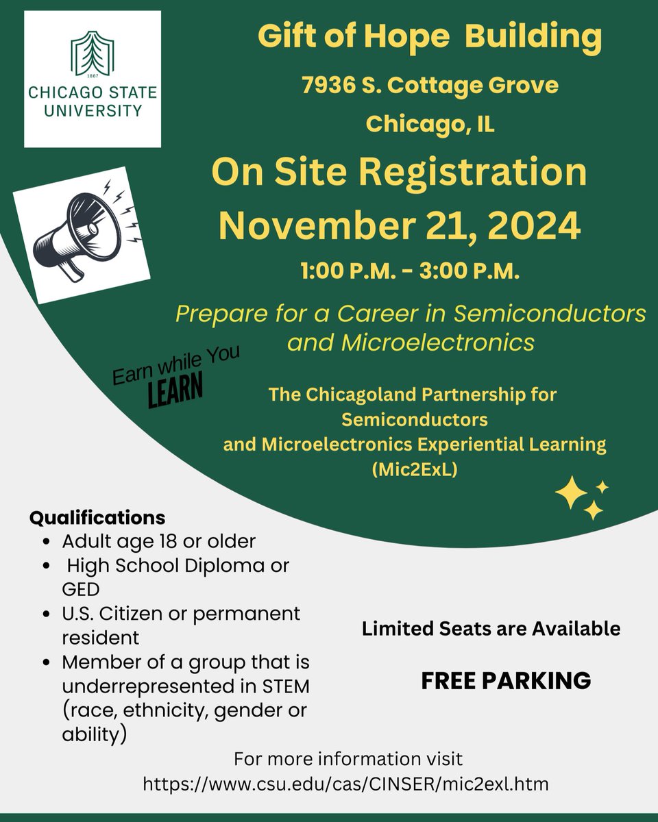 FarSouthCAC's tweet photo. Chicago State University is hosting an onsite registration on November 21, 2024 from 1 pm-3 pm at their secondary location at 7936 S. Cottage Grove for individuals interested in a career in Semiconductors and Microelectronics. https://t.co/wmHglwfJnw