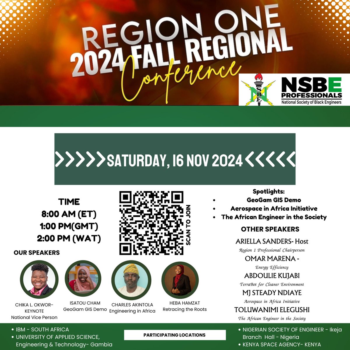 NSBEIntl's tweet photo. The NSBE Region 1 is hosting first of it's kind virtual conference for our international affiliates. Join the team on Saturday November 16th to learn about how black engineers are impacting the world through various African missions. We will be live in 4 locations across Africa. https://t.co/BsYDUHHwcw