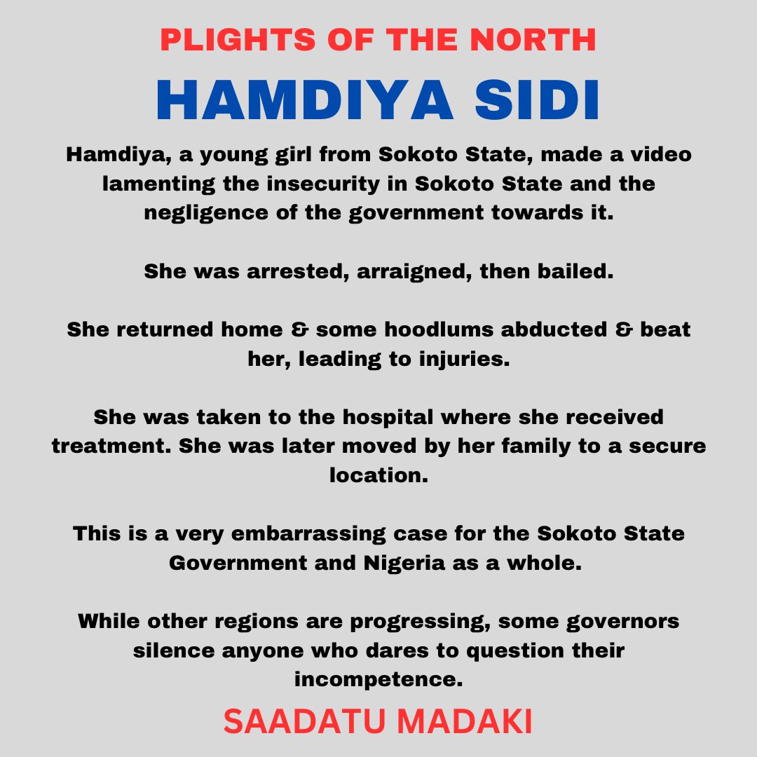 Hamdiya, a young girl from Sokoto State, was arrested after making a video lamenting the insecurity in Sokoto State and the negligence of the government towards it.

While other regions are progressing, some governors silence anyone who dares to question their incompetence.