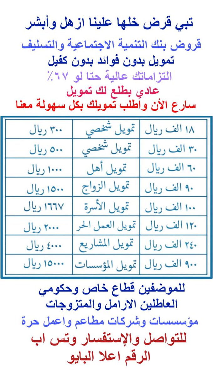 Sanad0988's tweet photo. @alrougui قروض بنك التنميه .✅
من 18الف﷼لين 100ألف﷼…🔥
يشترط عمر مقدم الطلب لا يتجاوز 70 عام
دقه وسرعة في الأنجاز خلال 48 ساعه التمويل في حسابك
لتواصل :053462799 https://t.co/phc0GT4ngt